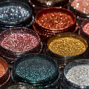 Op de afbeelding: Een verzameling kleine ronde potjes gevuld met verschillende kleuren glitter. De potjes zijn in een halve cirkel gerangschikt, met glitterkleuren variërend van zilver tot goud tot rood tot blauw.