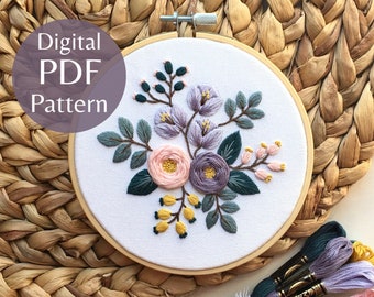 Victorian Bouquet Hand Embroidery Pattern, PDF Pattern + Step-by-Step Photo Guide, Beginner Embroidery Pattern