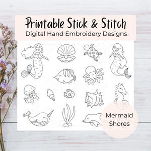 PRINTABLE Mermaid Shores Stick and Stitch Embroidery Template
