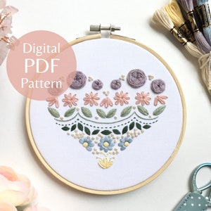 Enchanting Heart Sampler Hand Embroidery Pattern, PDF Pattern + Step-by-Step Photo Guide, Beginner Embroidery Pattern