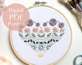 Enchanting Heart Sampler Hand Embroidery Pattern, PDF Pattern + Step-by-Step Photo Guide, Beginner Embroidery Pattern