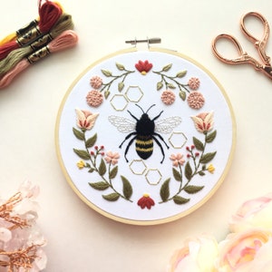 Honeybee Embroidery Kit: Modern Floral Design, for Confident Beginners
