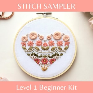 Anfänger Stickpackung - Level 1 Stickmuster-Sampler mit Video-Tutorials