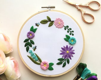 Canvas Tote Bag Floral Embroidery Kit, With Pattern Hoop