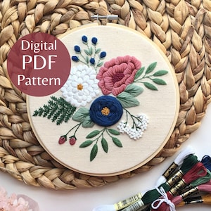 Southern Flowers Hand Embroidery Pattern: Beginner DIY Photo Guide (PDF Download)