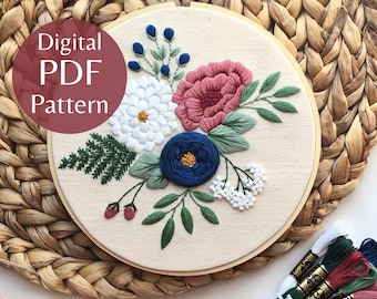 PDF Pattern, Southern Flowers Modern Hand Embroidery Pattern, Beginner Embroidery, Flower Embroidery, Embroidery How To, DIY Pattern