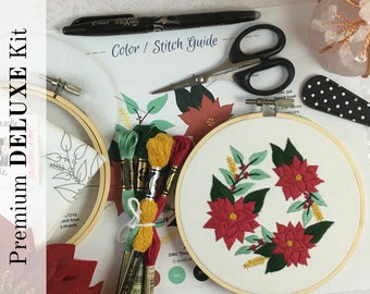 DELUXE Embroidery Kit, Poinsettia Wreath Embroidery Kit, Beginner Hand Embroidery Kit, Floral Embroidery Kit, DIY Craft Kit, Hoop Art Kit