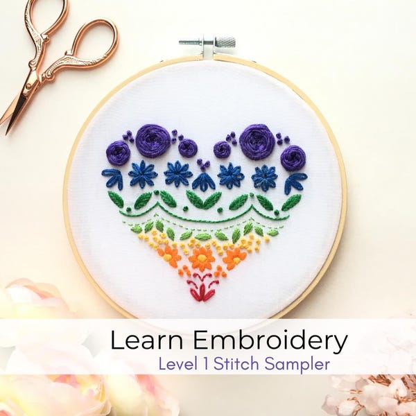 Learn to Embroider Rainbow Heart Sampler Embroidery Kit for Beginners