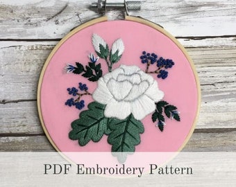 PDF Pattern, Sweet Peony Modern Hand Embroidery Pattern, Beginner Embroidery, Flower Embroidery, Embroidery How To, DIY Pattern