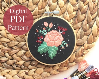 PDF Pattern, Sweet Peony Modern Hand Embroidery Pattern, Beginner Embroidery, Flower Embroidery, Embroidery How To, DIY Pattern