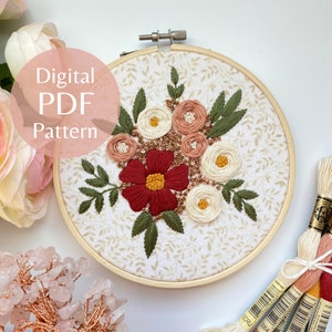 Autumn Blooms Hand Embroidery Pattern: Beginner DIY Step-by-Step Photo Guide (PDF Download)