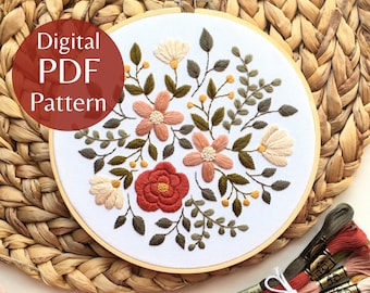 Earthy Botanicals Hand Embroidery Pattern, PDF Pattern + Step-by-Step Photo Guide, Beginner Embroidery Pattern