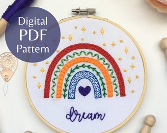 Rainbow Sampler Hand Embroidery Pattern, PDF Pattern + Step-by-Step Photo Guide, Beginner Embroidery Pattern