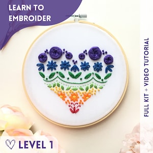 Learn to Embroider Rainbow Heart Sampler Embroidery Kit for Beginners