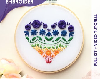 Learn to Embroider Rainbow Heart Sampler Embroidery Kit for Beginners