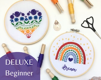 Learn Embroidery DELUXE Beginner Bundle: Rainbow Heart Samplers, DIY Craft Kit