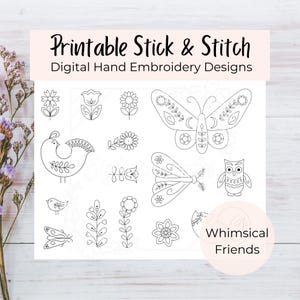 May include: A white sheet with black line art designs for hand embroidery. The designs include a butterfly, owl, flowers, a bird, and other whimsical shapes. The text reads "Printable Stick & Stitch" and "Digital Hand Embroidery Designs."