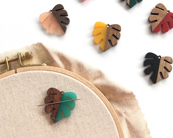 Monstera Leaf Needle Minder: Wood Resin Embroidery Cross Stitch Tool