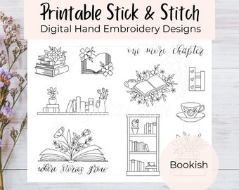 PRINTABLE Bookish Stick and Stitch Embroidery Template