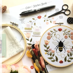 Deluxe Honeybee Embroidery Kit: Floral DIY Craft, Beginner Friendly