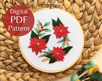 Poinsettia Wreath Hand Embroidery Pattern, PDF Pattern + Step-by-Step Photo Guide, Beginner Embroidery Pattern