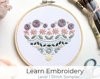 Learn to Embroider Enchanting Heart Sampler Embroidery Kit for Beginners