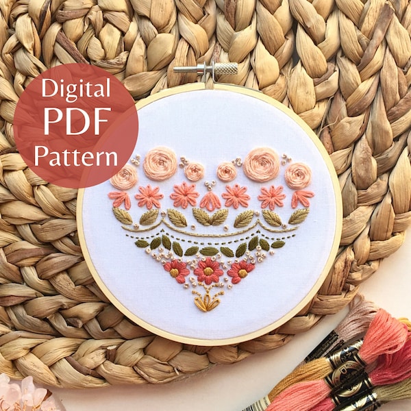 Dreamy Boho Heart Sampler Hand Embroidery Pattern, PDF Pattern + Step-by-Step Photo Guide, Beginner Embroidery Pattern