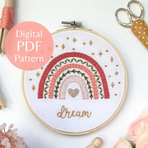 Dreamy Boho Rainbow Sampler Hand Embroidery Pattern, PDF Pattern + Step-by-Step Photo Guide, Beginner Embroidery Pattern