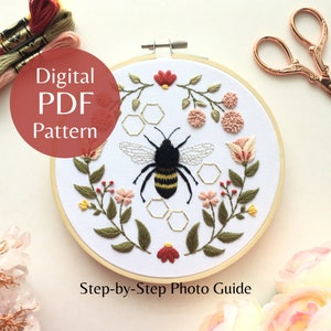 Honeybee Motif Hand Embroidery Pattern, PDF Pattern + Step-by-Step Photo Guide, Beginner Embroidery Pattern