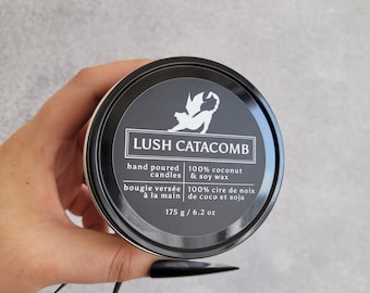 Lush Catacomb | Handmade Luxury Wooden Wick Candle | 8 oz Tin | 6 fl oz Candle | Scented Coconut Soy Wax | Goth Christmas Soy Candle Gifts