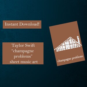 May include: Digital art print of a house made of sheet music with the text "champagne problems" in white on a brown background.