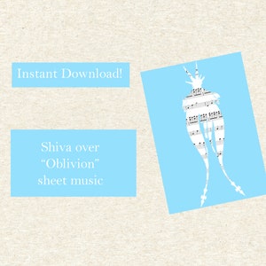 Könnte beinhalten: Digitaler Download mit hellblauem Hintergrund. Der Text lautet "Sofort-Download!" und "Shiva over 'Oblivion' sheet music". Eine weiße Silhouette einer Figur ist mit Noten gefüllt.