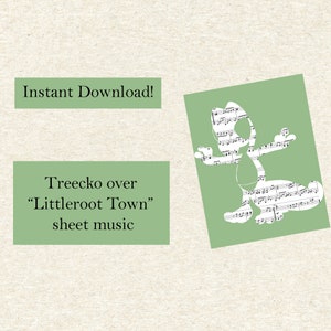 Puede incluir: Botón de descarga digital verde con el texto "Descarga instantánea!" y un rectángulo verde con el texto "Treecko over "Littlefoot Town" sheet music". El fondo es una textura marrón claro.