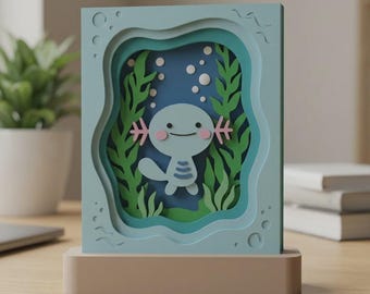 3D Layered Derpy Axolotl Shadow Box | Fantasy Gamer Room Decor Display