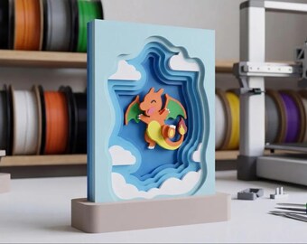 3D Layered Fire Dragon Shadow Box | Fantasy Gamer Room Decor Display