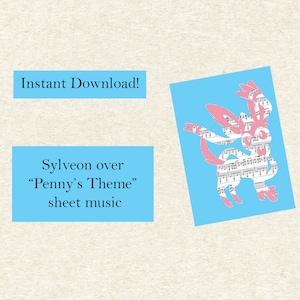 Peut inclure: Téléchargement numérique de partitions pour la chanson "Penny's Theme" arrangée pour le Pokémon Sylveon. Les partitions sont affichées sur un fond bleu avec une silhouette rose de Sylveon.