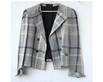 Vintage 70 s Check DOUBLE sided short cropped women's jacket buttoned long sleeves collar