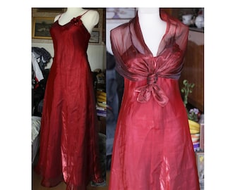 90s RED flared chiffon dress, Spaghetti-Strap V Neck Dark Red Dress, SET Dark Red Dress and Shawl, Long Red opalescent Dress, Size S/M EU 38