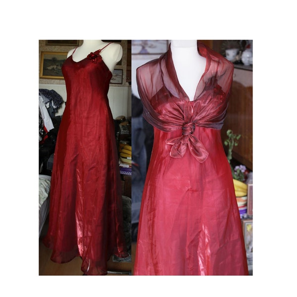 90s RED flared chiffon dress, Spaghetti-Strap V Neck Dark Red Dress, SET Dark Red Dress and Shawl, Long Red opalescent Dress, Size S/M EU 38