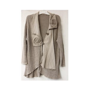 Gray and beige LINEN knit Women&#39;s Cardigan, 90s BUTIQUE Linen cardigan with long sleeves, Button down Asymmetrical cardigan M to L