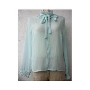 90s Vintage Sheer Green Draped BLOUSE, High neck Frill, size M/L
