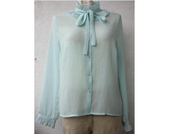 Vintage jaren 90 doorschijnende groene gedrapeerde BLOUSE, opstaande kraag, maat M/L