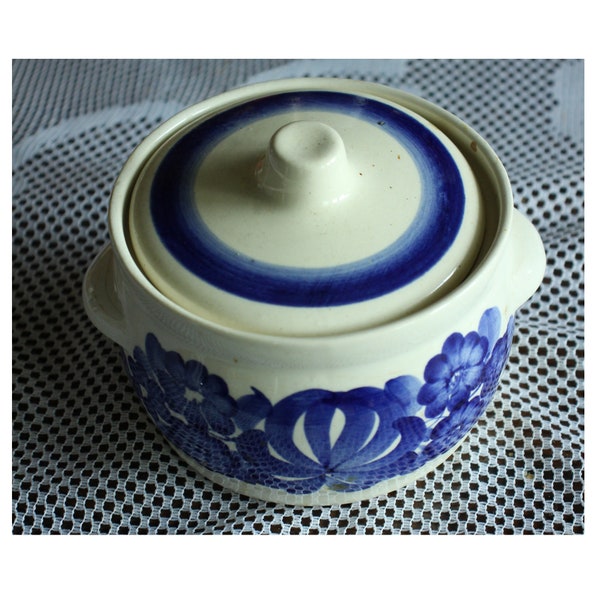 70s Hand Painted Sugar Bowl with Blue Floral, Polish Ceramic Sugar Bowl, Polish sugar Bowl with Lid, Pottery Sugar Bowl