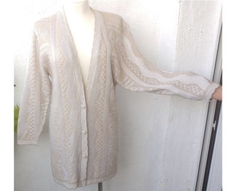 LONG KNITTED beige CARDIGAN, Vintage 80s, acrylic knitted cardigan, Long beige cardigan, Lose beige Cardigan L size