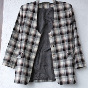 90s  CHECKERED PLAID Women&#39;s Jacket with long sleeves, Button Closure Tweed Plaid black white brown jacket S size, Slim fit plaid jacket