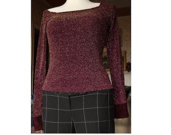 Vintage Lurex Blouse, Gold Metallised Violet Top, Long Sleeve M