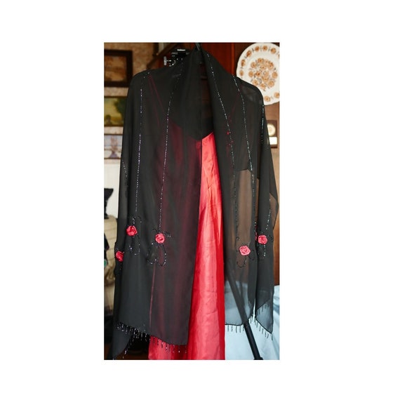 Vintage 90s black wrap transparent shawl decorate… - image 1