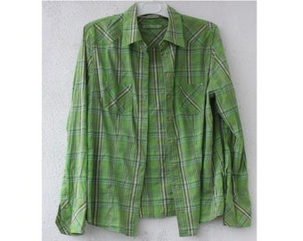 GREEN check Women's Shirt with long sleeves, Slim Fit Button down Plaid Blouse, Collared Tartan shirt with pockets L size, EU 44, GB 18