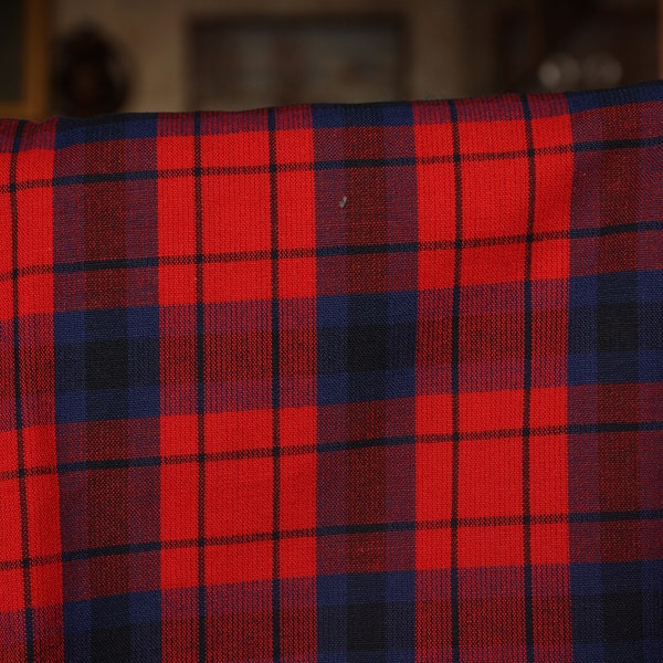 Tissu TARTAN, vintage des années 70, rouge, bleu, couleur bleu marine, tissu à carreaux, tissu à carreaux rouge, bleu marine, tissu anilana