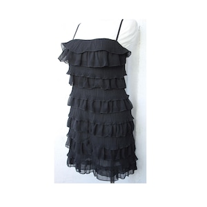 BLACK Women's Mini dress with ruffles, Vintage Black mini dress with spaghetti strap, Ruffles Mini dress S size, Coctail black mini dress